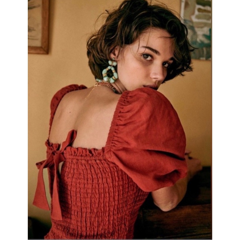 Sezane Red Smocked Puff Sleeve Crop Top Cotton Linen Blend Sz 46 NEW